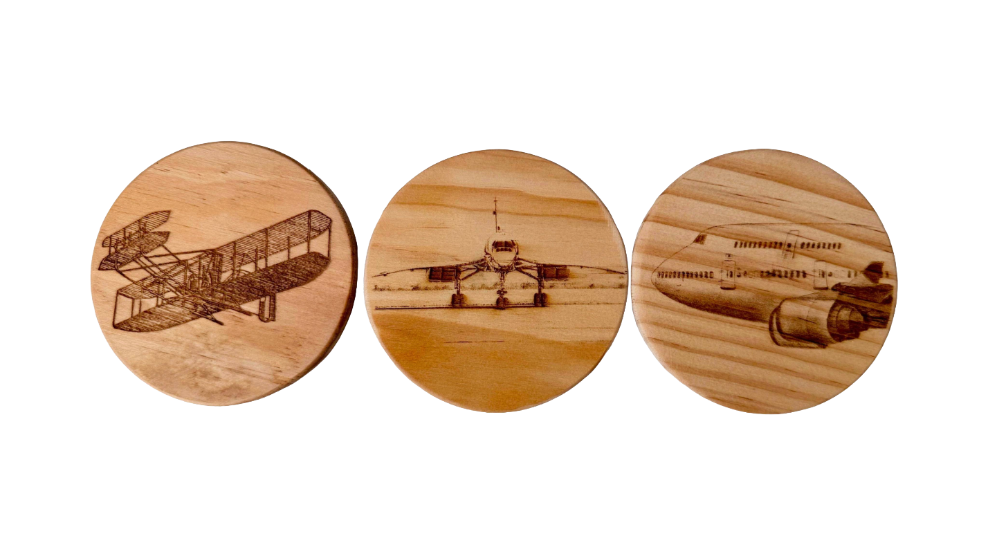 Landmarks of Aviation coaster set — laser engraved